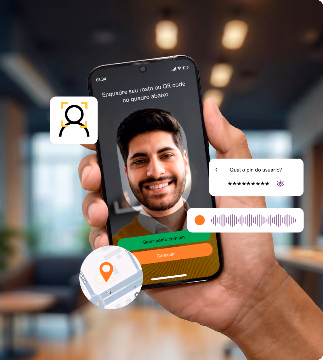 Mão segurando celular fazendo o registro de ponto com reconhecimento facial da Pontotel.