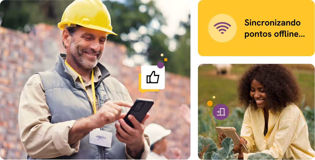 Colaborador externo segurando o celular na mão, com equipamentos de segurança. com tela de registro de ponto offline ao lado.