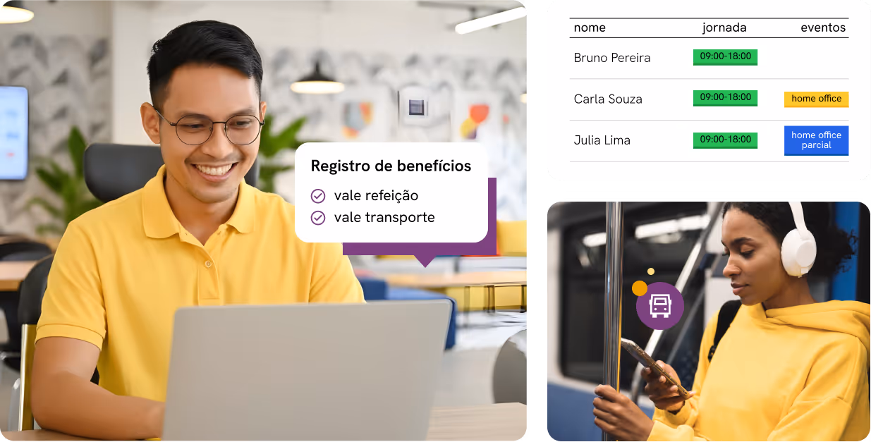 Mulher sentado sorrindo com notebook na frente e escritório ao fundo e tela de acompanhamento de registros de ponto ao lado.