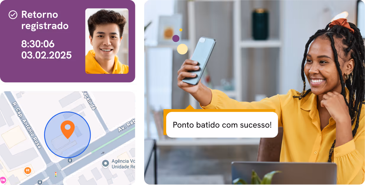 Mulher sorrindo segurando o celular e telas de registro de ponto e geolocalização ao lado.
