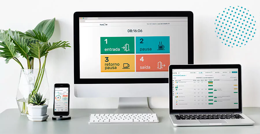imagem de um celular, tablet e um notebook com o sistema pontotel nas telas