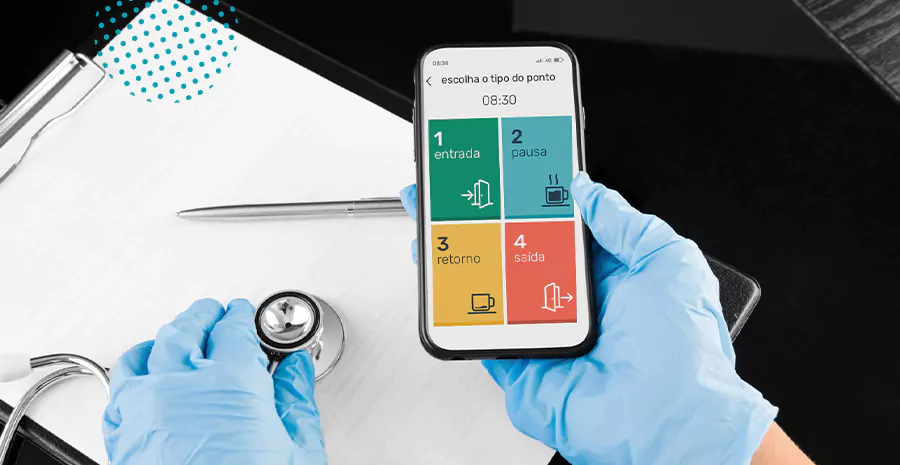 imagem de um enfermeiro usando luvas e segurando um celular no aplicativo de controle de ponto da pontotel