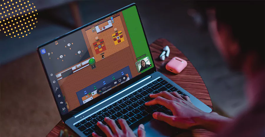 imagem de uma pessoa jogando um jogo no computador e fazendo chamada de vídeo com uma mulher