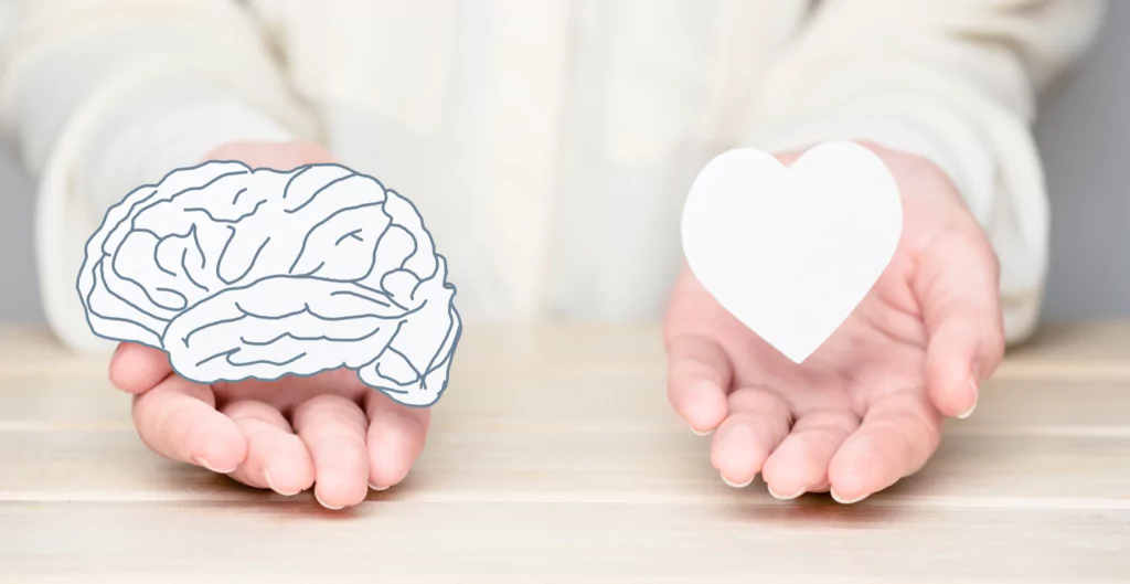 imagem mostra duas mãos onde em uma tem um "desenho" de um cérebro e na outra o "desenho" de um coração 