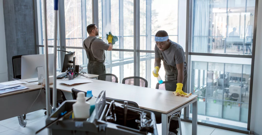 homens limpando um escritório