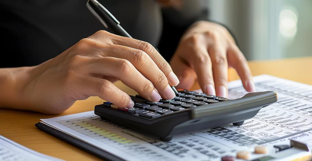 Mãos usando calculadora e caneta em planilha, representando planejamento financeiro do décimo terceiro.