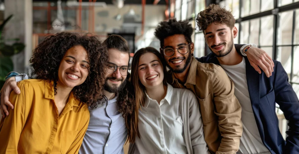 Grupo diverso de cinco jovens sorrindo e abraçados, representando diversidade e inclusão no ambiente de trabalho.