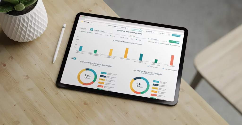 tablet em uma mesa com um vaso e caneta ao lado mostrando o sistema da pontotel. Imagem representa indicadores de controle de ponto
