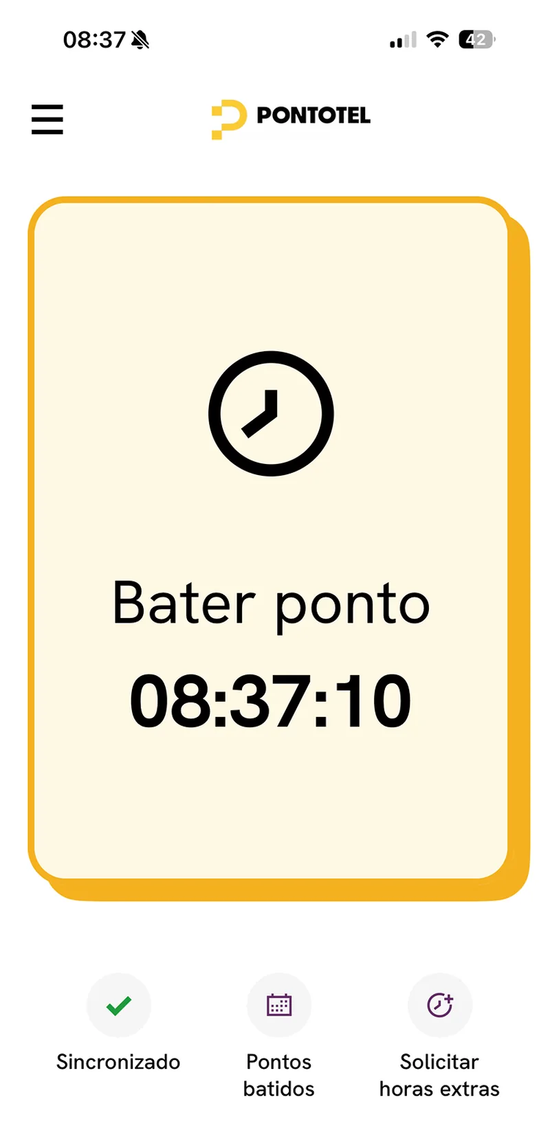 App Pontotel — sequência de bater ponto no celular: home, reconhecimento facial, seleção e comprovante