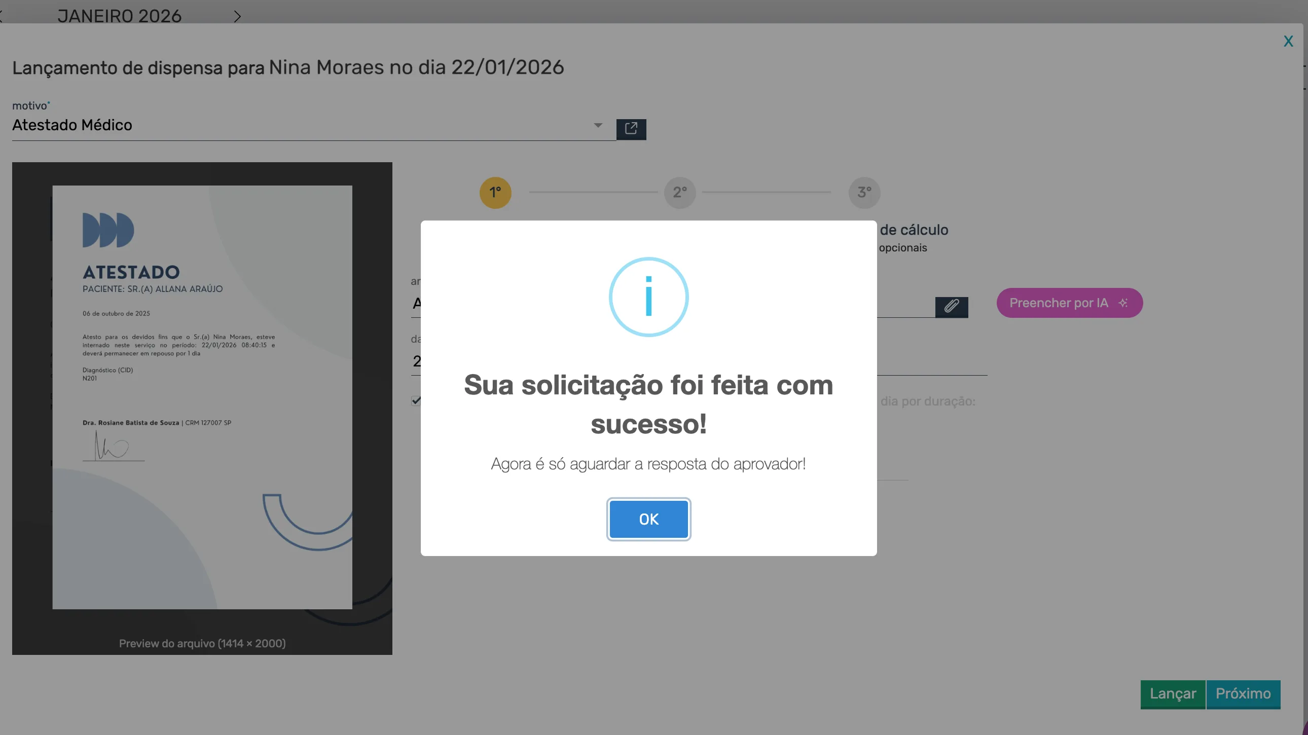 Fluxo de lançamento de atestado no Pontotel: upload do documento, preenchimento por IA e confirmação de solicitação enviada para o aprovador